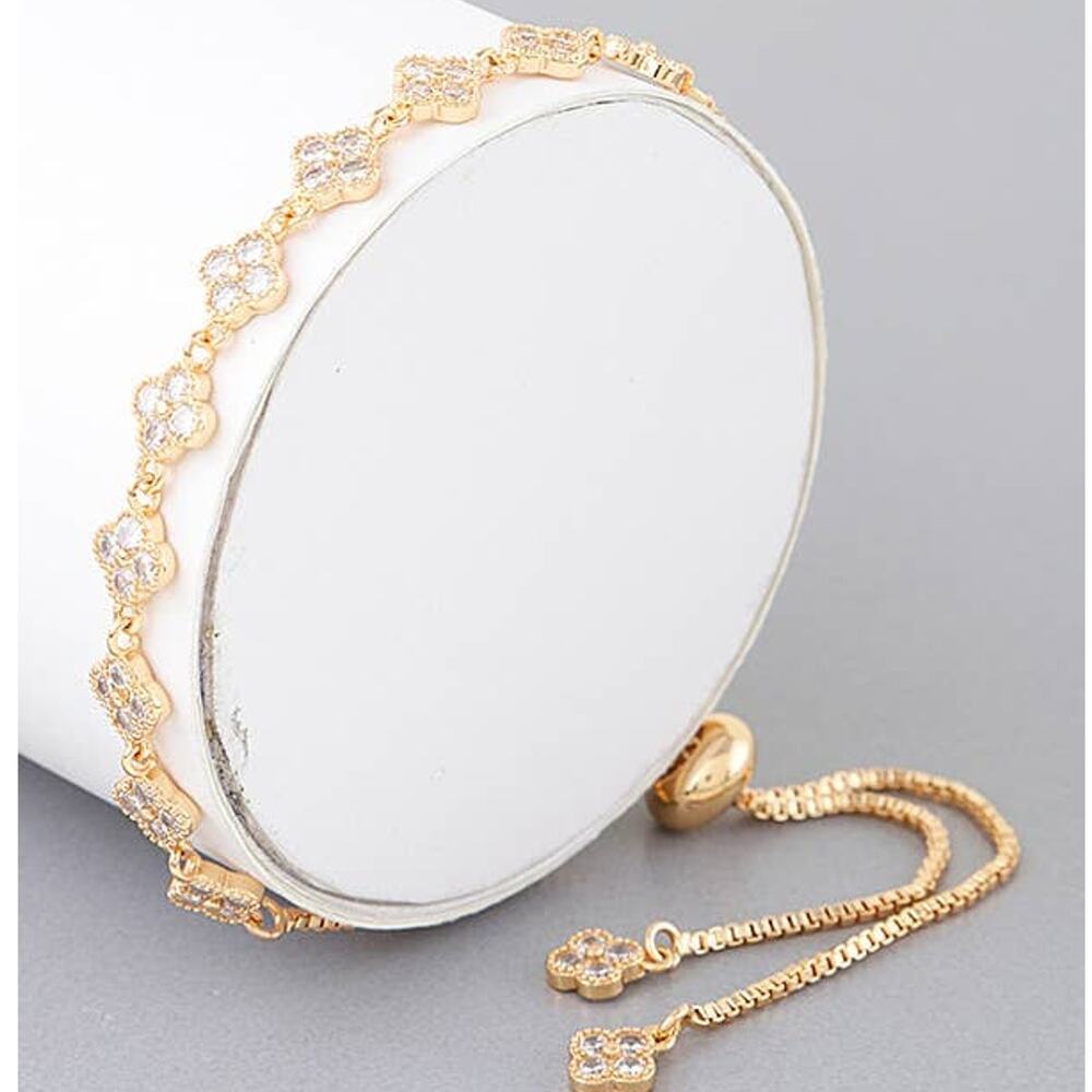 Gold Bejeweled Clover Chain Bracelet